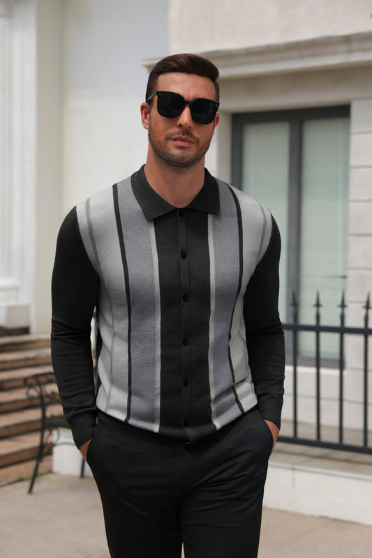 Retro Striped Color Block Polo Cardigan Knit Jacket (US Only)