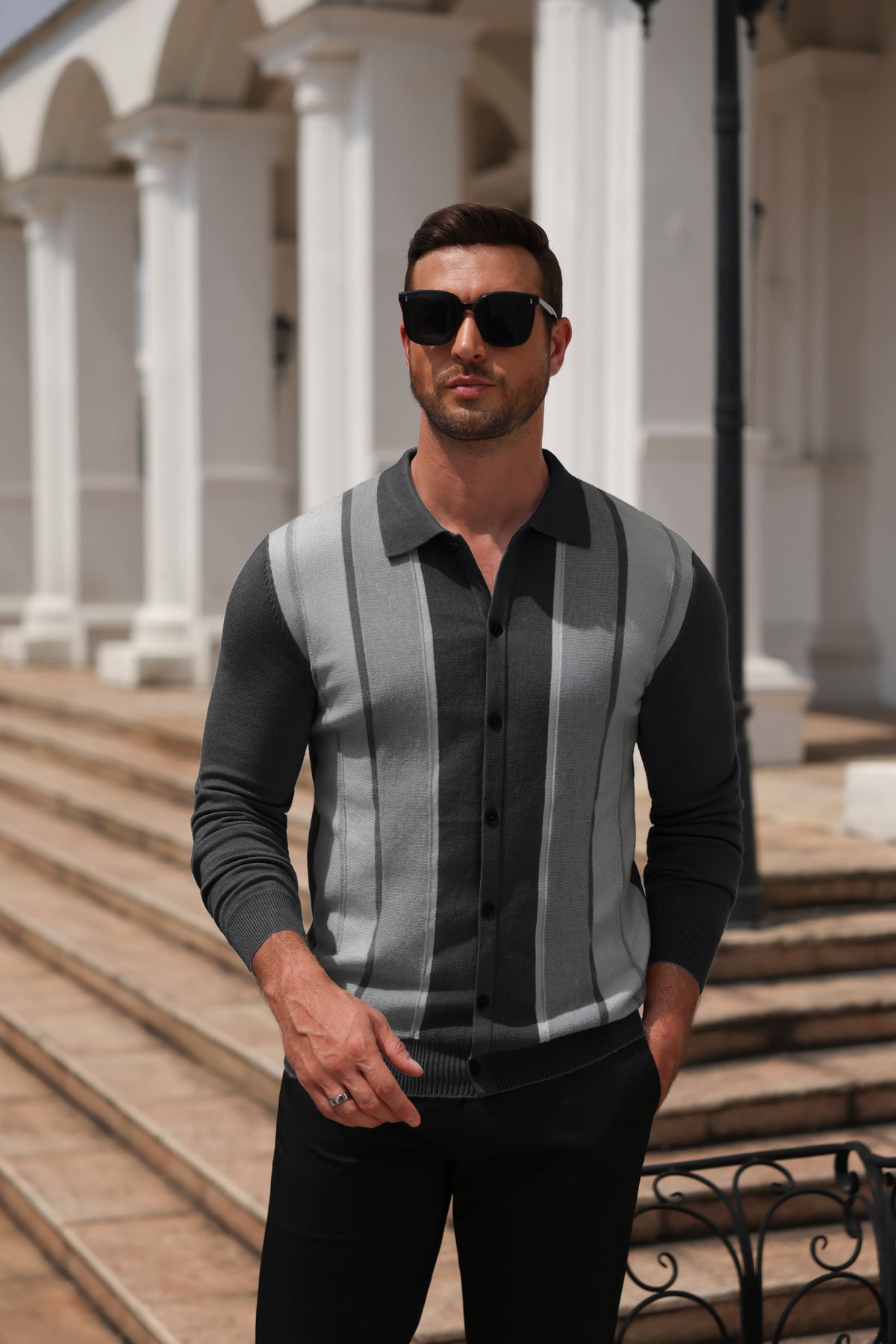 Retro Striped Color Block Polo Cardigan Knit Jacket (US Only)