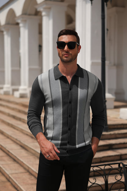 Retro Striped Color Block Polo Cardigan Knit Jacket (US Only)
