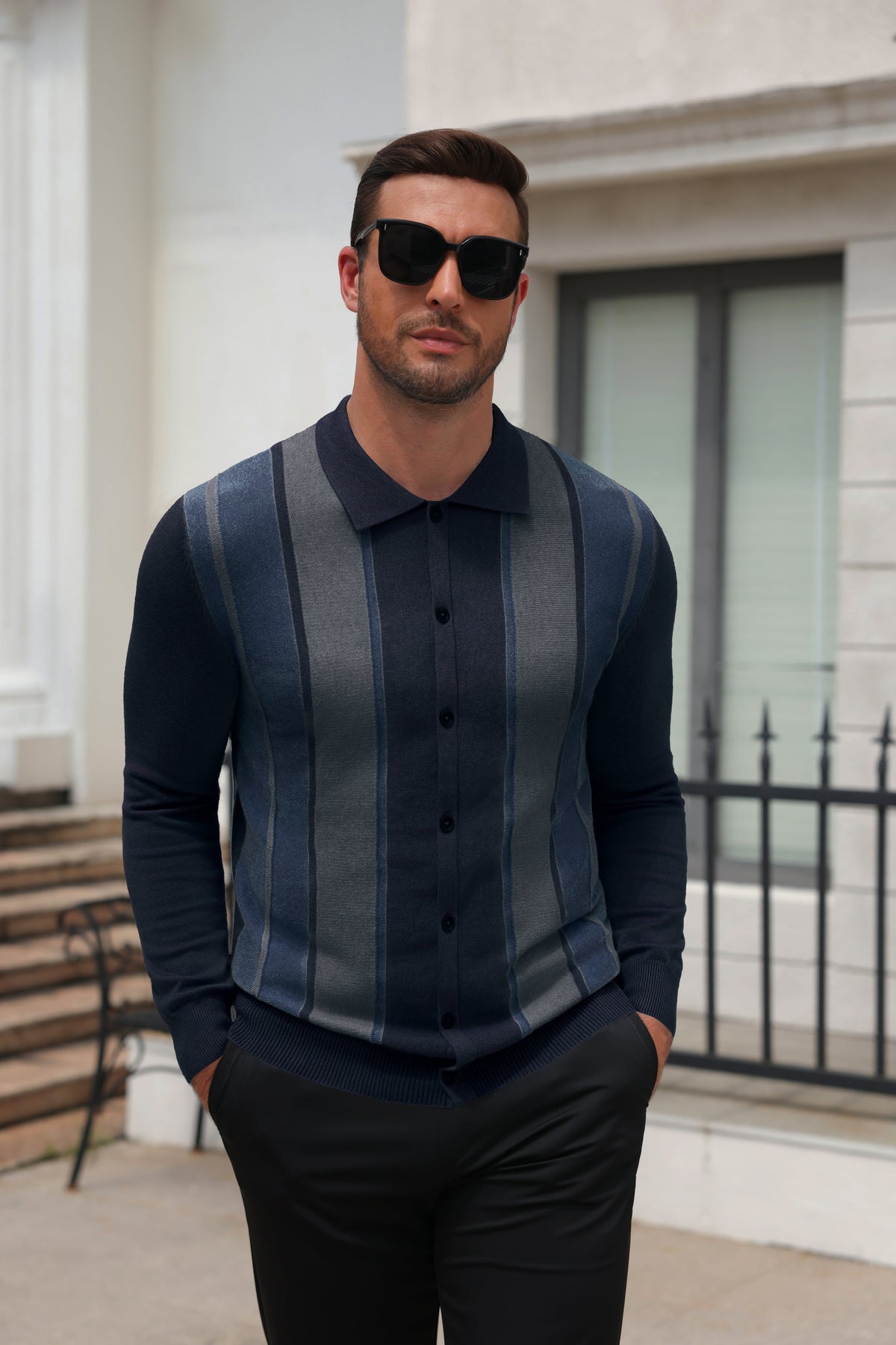 Retro Striped Color Block Polo Cardigan Knit Jacket (US Only)