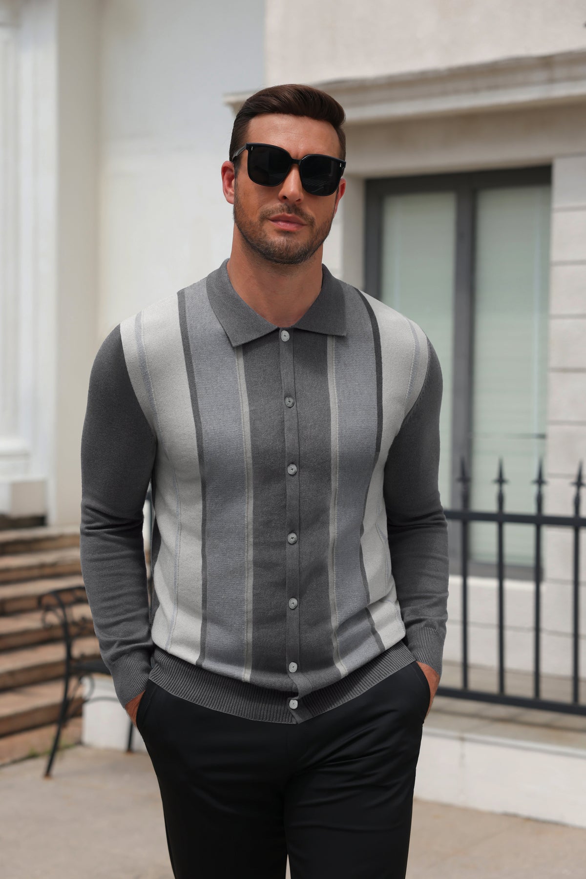 Retro Striped Color Block Polo Cardigan Knit Jacket (US Only)