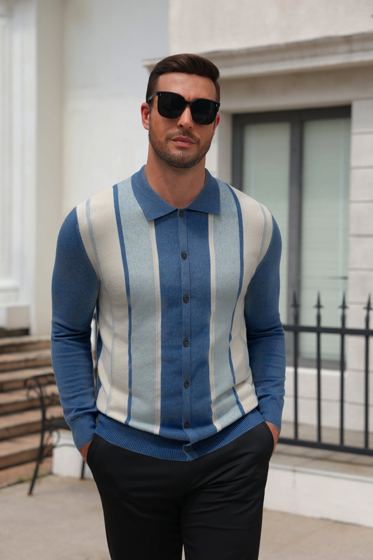 Retro Striped Color Block Polo Cardigan Knit Jacket (US Only)