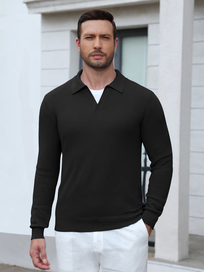 Textured V-Neck Long Sleeve Knit Polo Sweater (US Only)