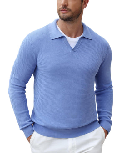 Textured V-Neck Long Sleeve Knit Polo Sweater (US Only)
