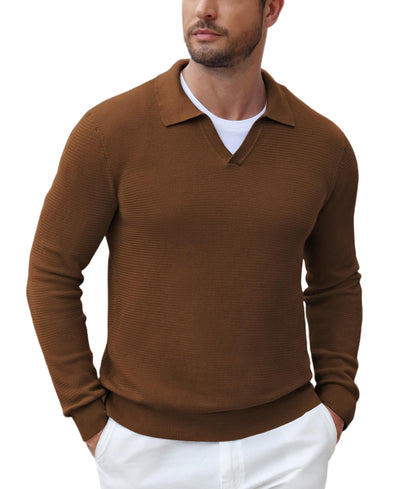 Textured V-Neck Long Sleeve Knit Polo Sweater (US Only)