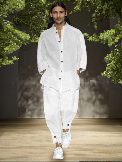 Simple 3/4 Sleeve Cotton Linen Shirt Set