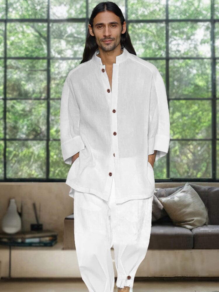 Simple 3/4 Sleeve Cotton Linen Shirt Set