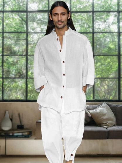 Simple 3/4 Sleeve Cotton Linen Shirt Set