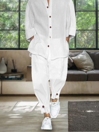 Simple 3/4 Sleeve Cotton Linen Shirt Set