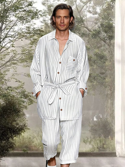 Leisure Belted Stripe Cotton Linen Set