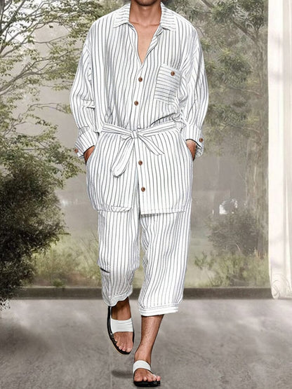 Leisure Belted Stripe Cotton Linen Set