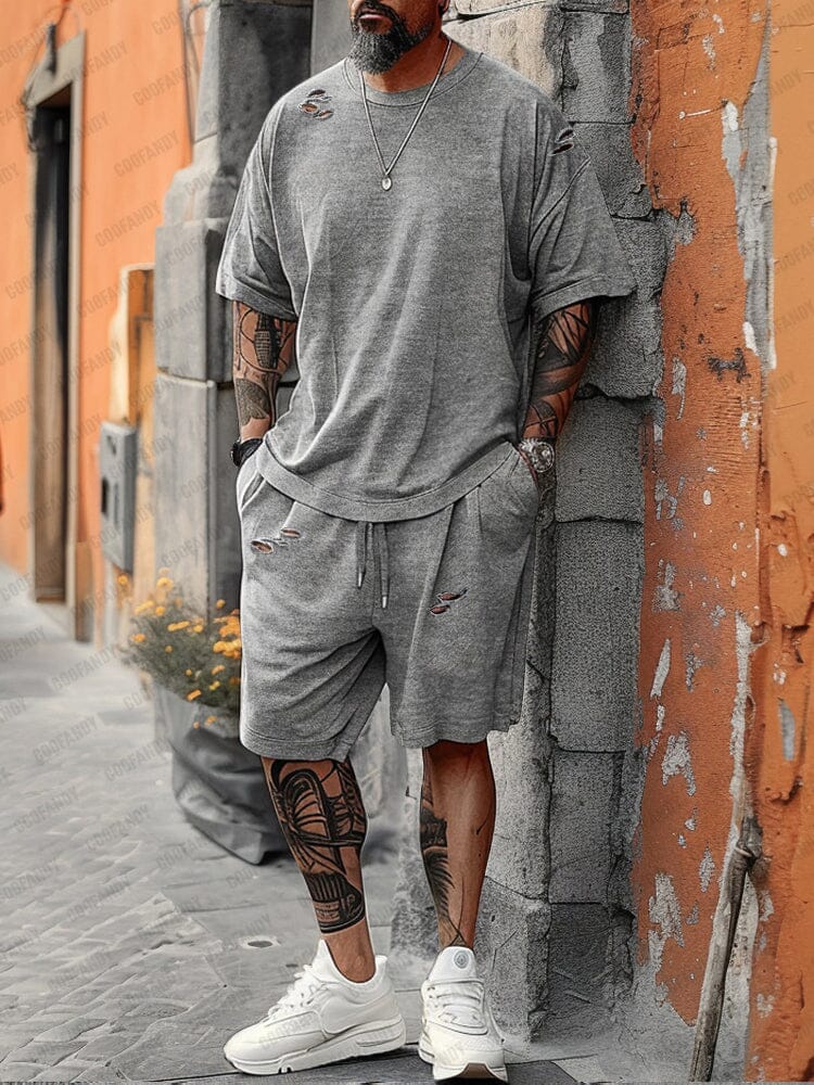 Stylish Distressed Ripped T-shirt Shorts Set