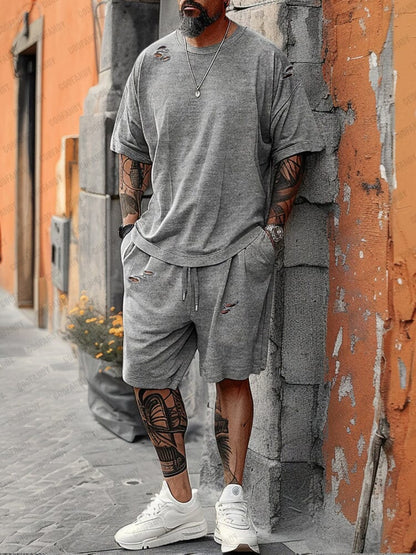 Stylish Distressed Ripped T-shirt Shorts Set