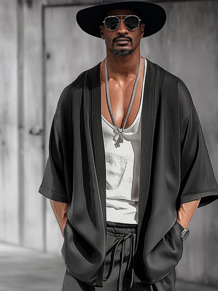 Casual Open Front Kimono Shorts Set