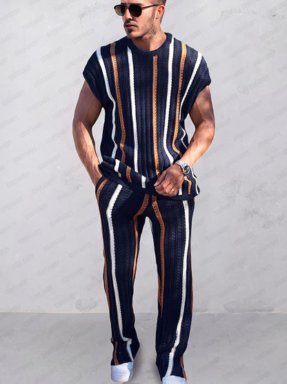 Trendy Stripes Openwork Knit Set