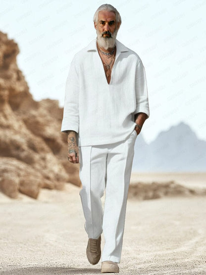 Casual Plain V-Neck Shirt Set