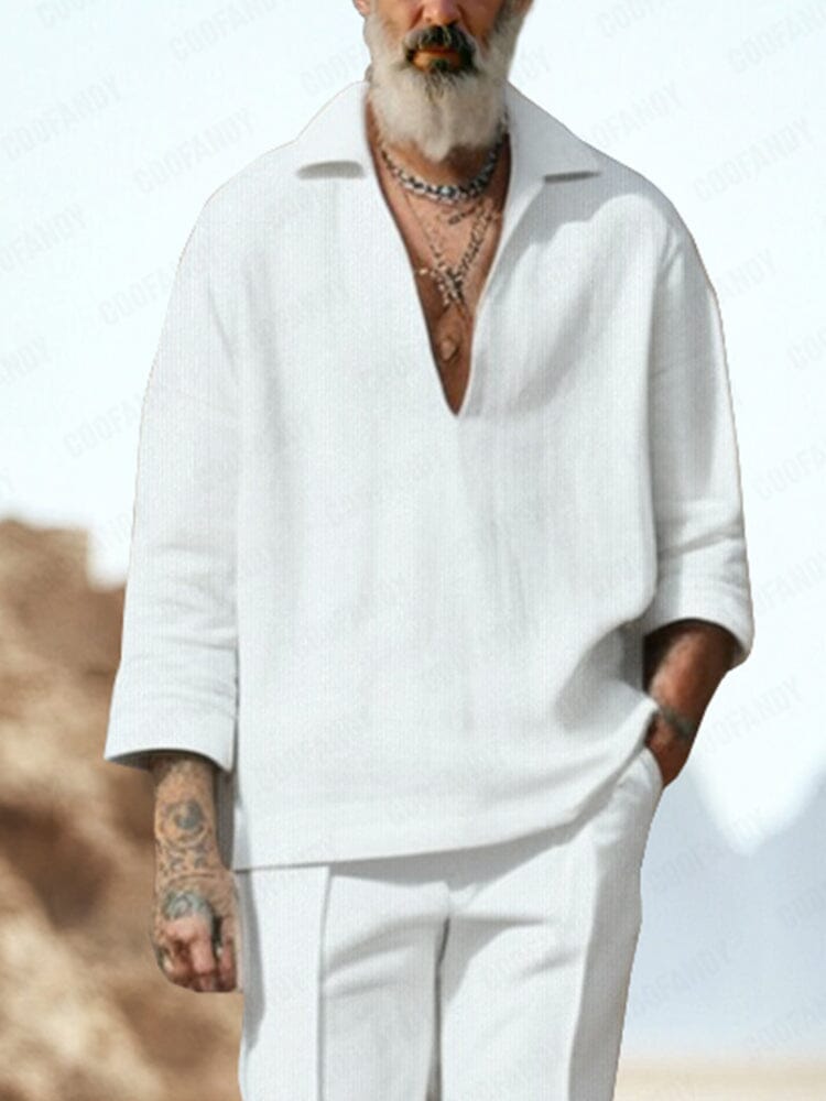 Casual Plain V-Neck Shirt Set