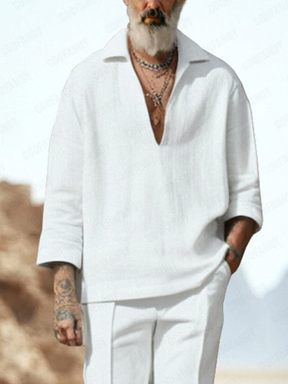 Casual Plain V-Neck Shirt Set