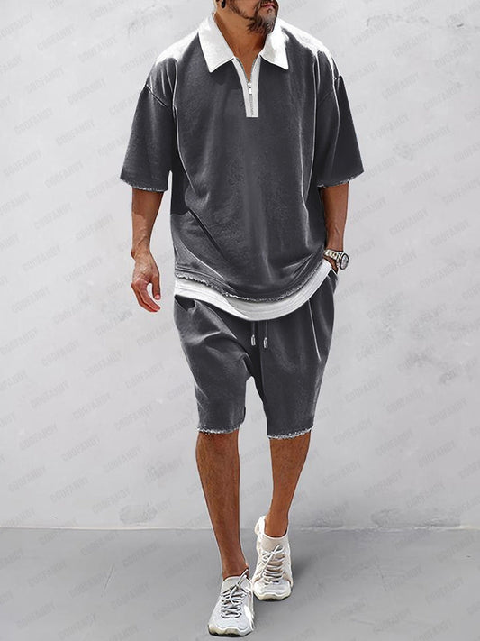 Athleisure Contrast Fake 2-Piece Shirt Set