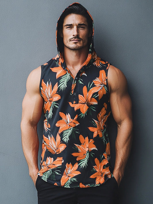 Tropical Floral Print Hooded Tank Top