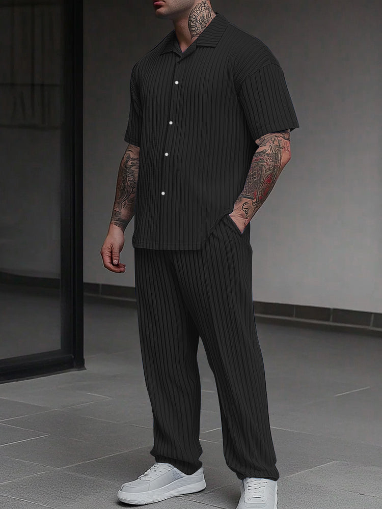 Casual Pit-stripe Textured Shirt Set