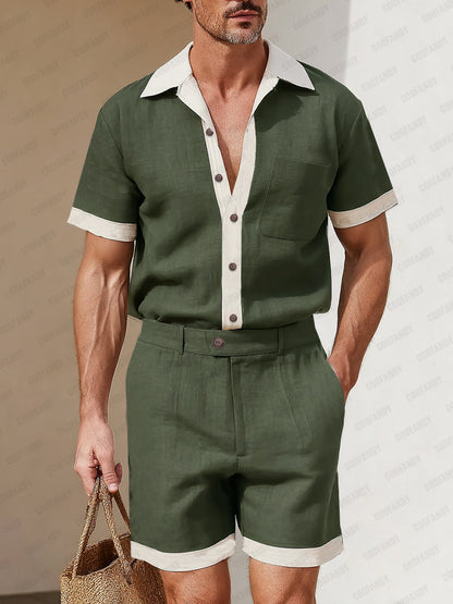Summer Linen Blend Contrast Casual Set