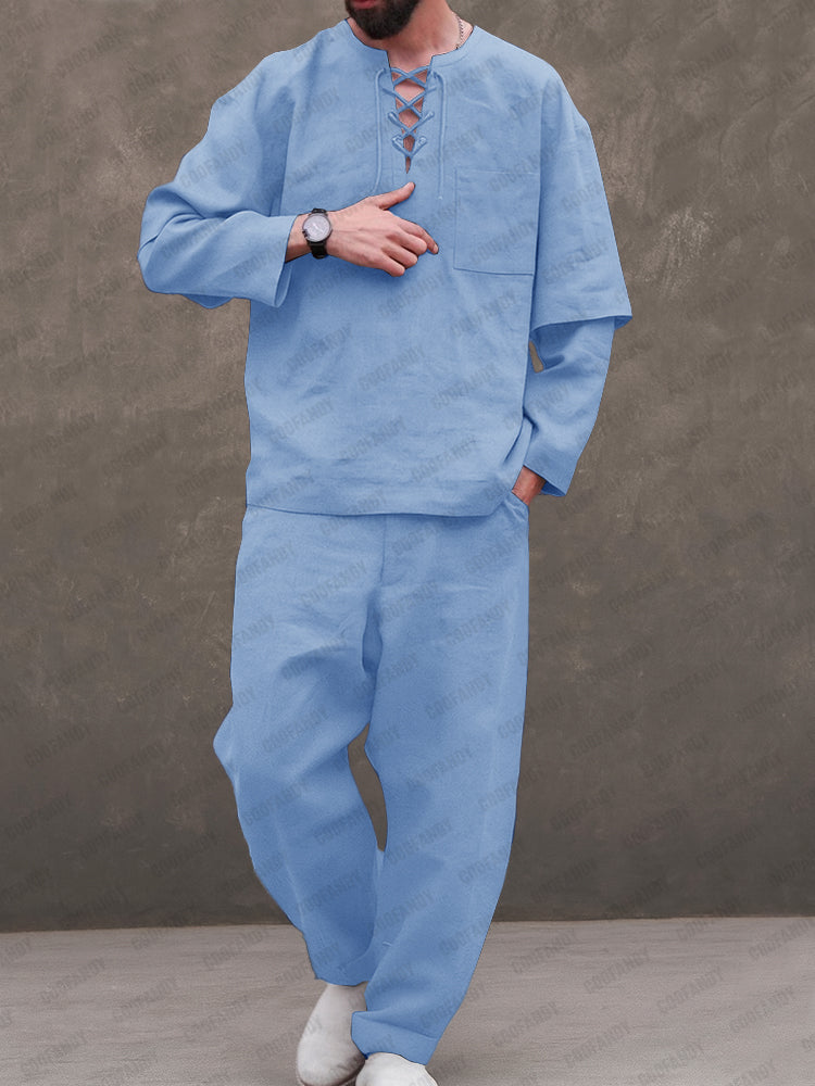 Premium Cotton Lace-up Shirt Set