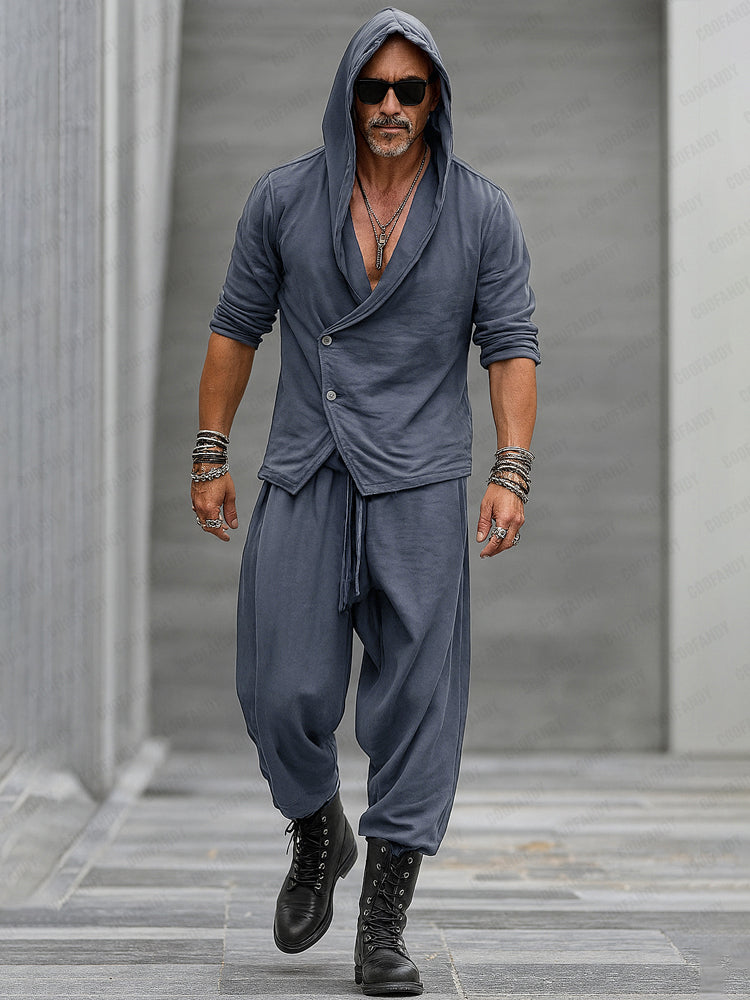 Trendy Hooded Slant Placket Shirt Pants Set