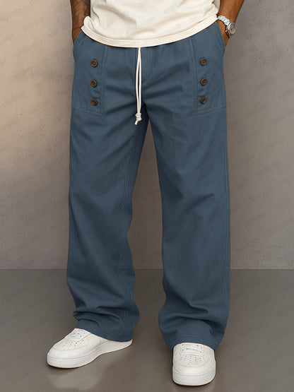 Cotton Button Accents Straight Leg Pants