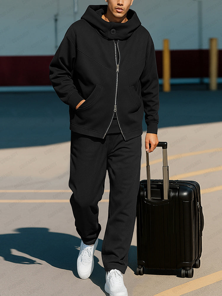 Casual Hooded Two-Way Zip Jacket Set