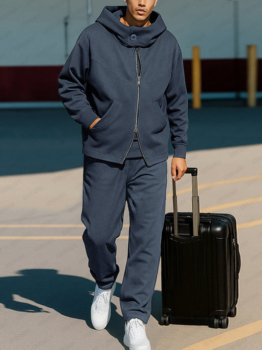 Casual Hooded Two-Way Zip Jacket Set