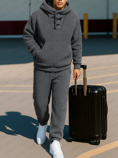 Casual Coral Fleece Hoodie Pants Set