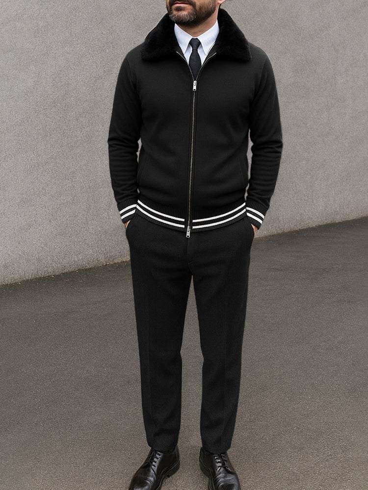Modern Fur Collar Jacket Pants Set