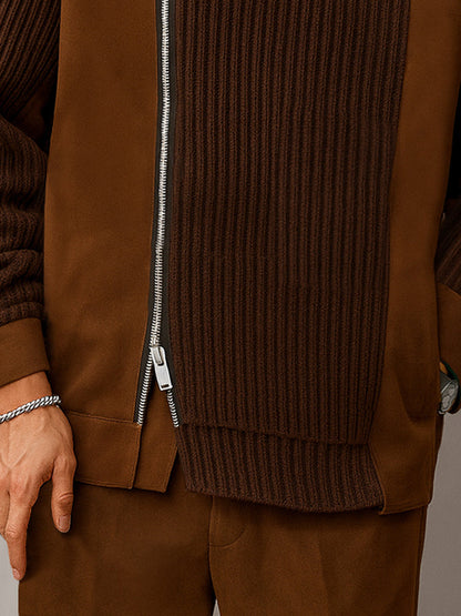 Unique Suede Paneled Zip-Up Knit Jacket