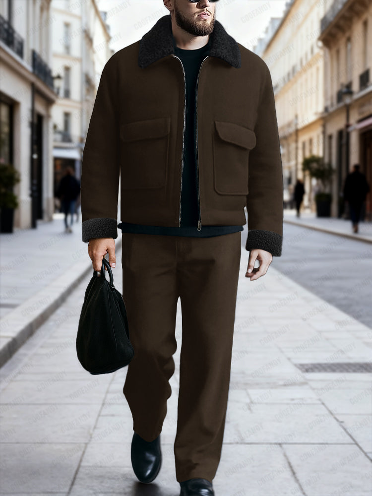 Urban Casual Fleece Collar Jacket Pants Set