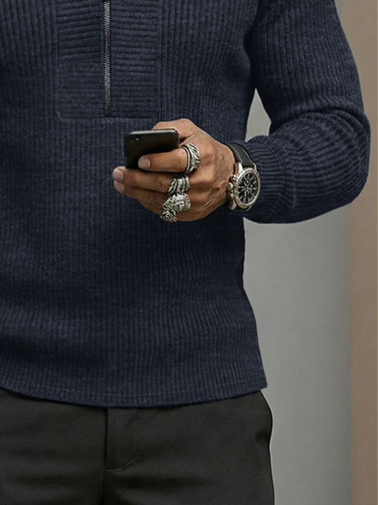 Casual Zipper Design V-Neck Knit Sweater