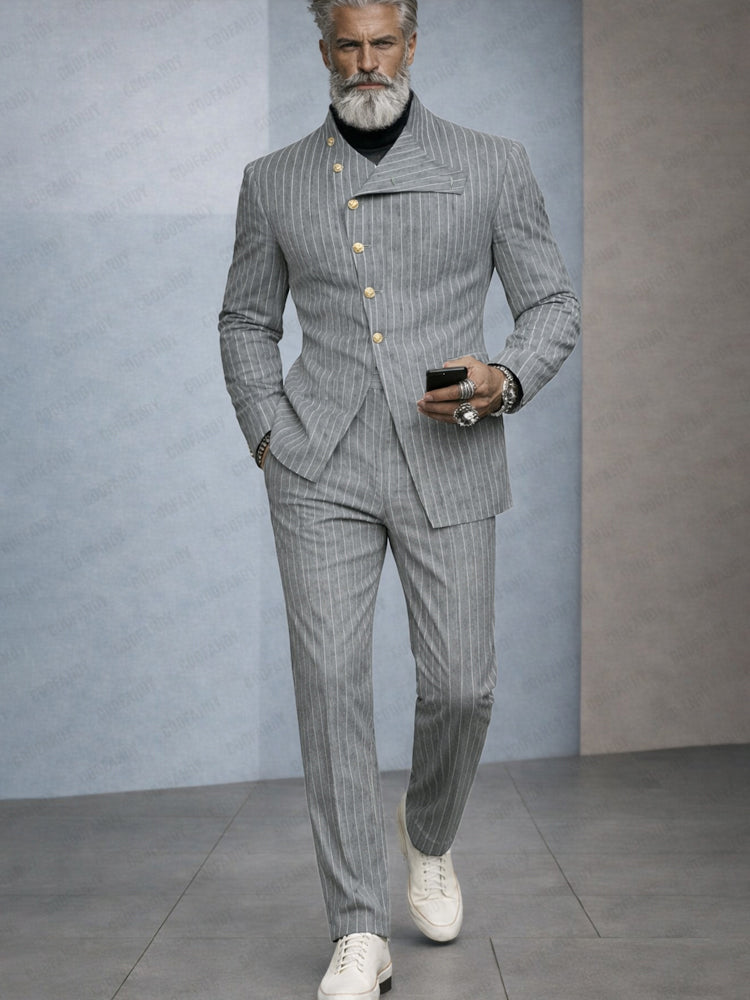 Unique Slant Buttoned Striped Suit Set