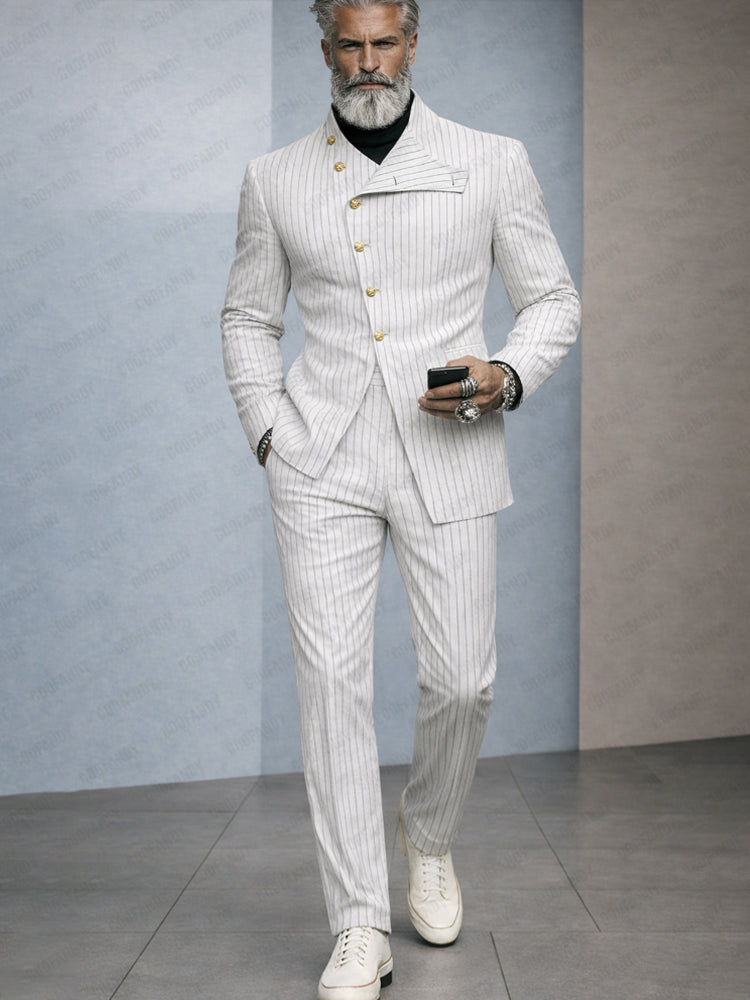 Unique Slant Buttoned Striped Suit Set