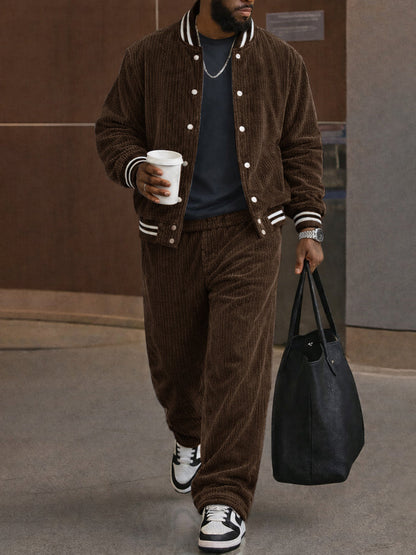 Corduroy Contrast Stripe Trim Jacket and Pants Set