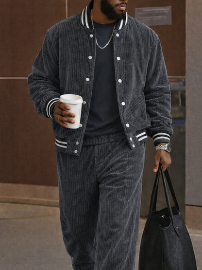 Corduroy Contrast Stripe Trim Jacket and Pants Set