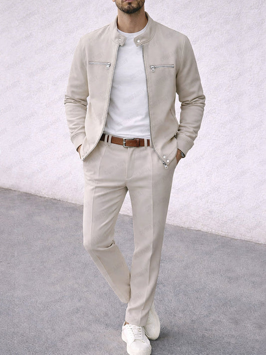 Casual Faux Suede Racer Jacket Pants Set