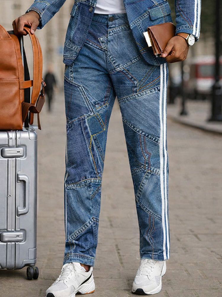 Stylish Denim Patchwork Print Jacket and Pants Set