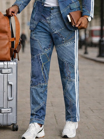 Stylish Denim Patchwork Print Jacket and Pants Set