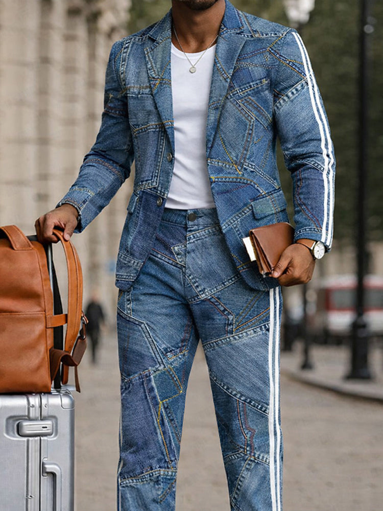 Stylish Denim Patchwork Print Jacket and Pants Set