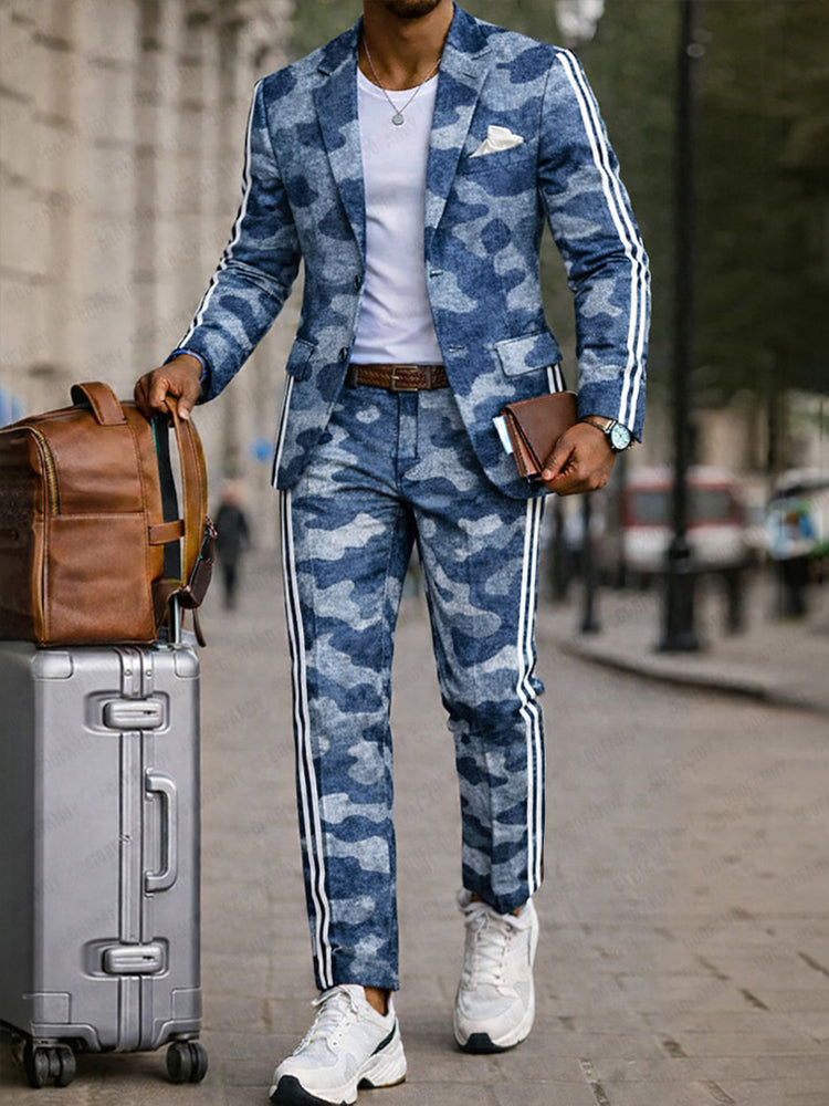Modern Side Stripe Camo Blazer Pants Set