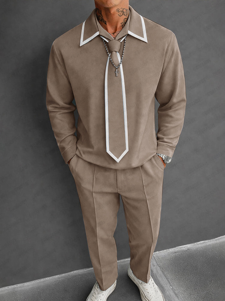 Stylish Contrast Color Detachable Tie Top Pants Set