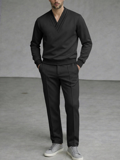 Casual Simple Pleated Collar Top and Pants Set