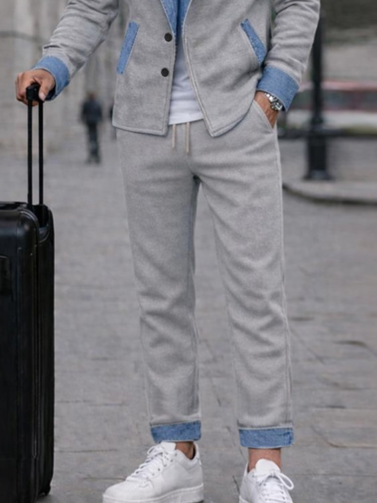 Urban Casual Denim Patchwork Jacket Pants Set