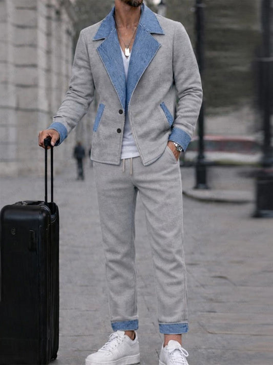 Urban Casual Denim Patchwork Jacket Pants Set