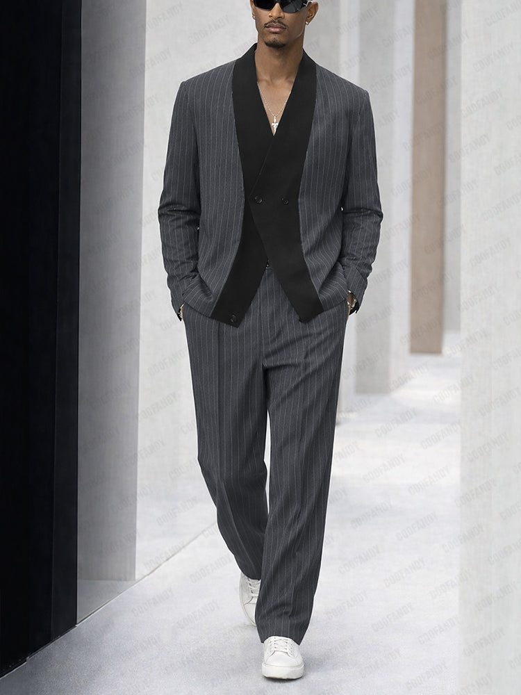 Smart Casual Stripe Splicing Jacket Pants Suit Set